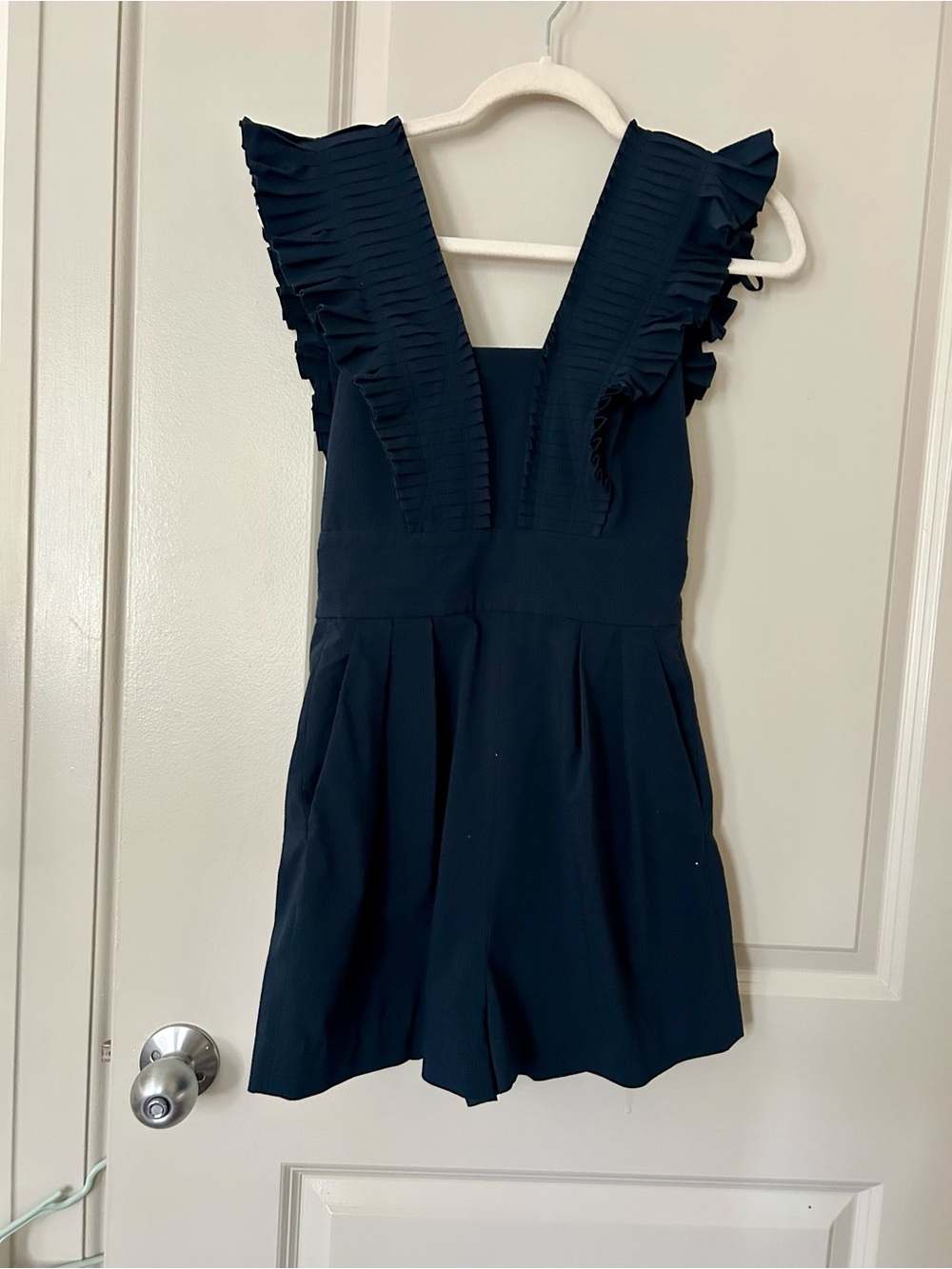 Tibi Navy Ruffle-Front One-Piece Romper